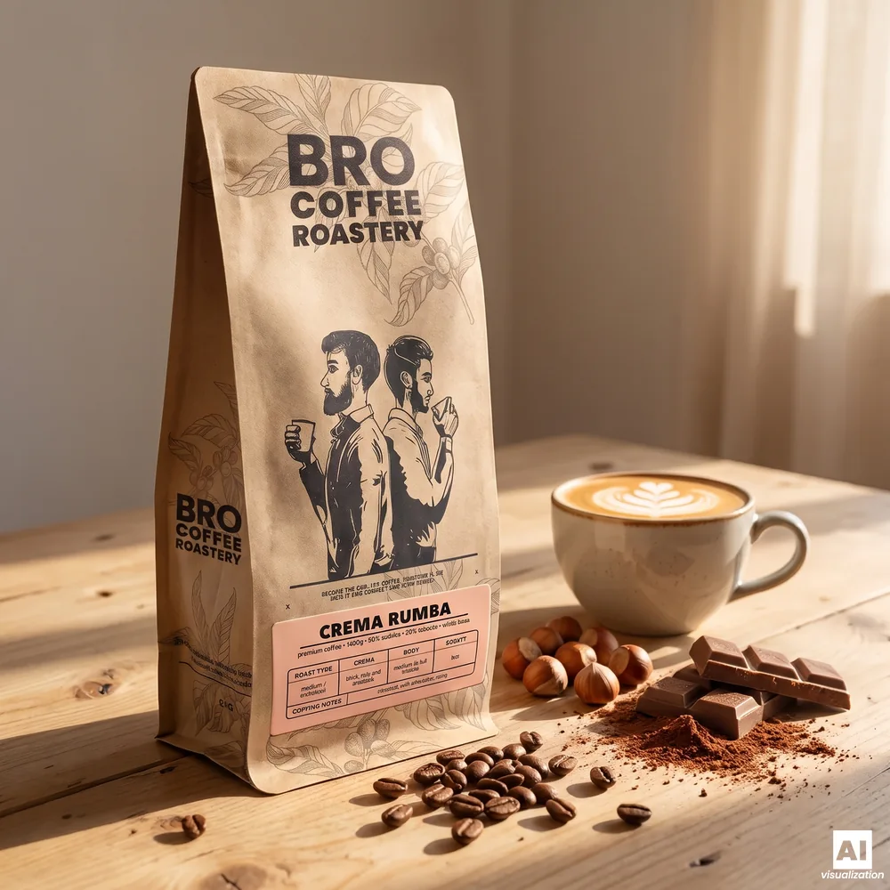 Kawa ziarnista Bro Coffee Roastery Crema Rumba obok flat white, orzechów laskowych, mlecznej czekolady i ziaren kawy.
