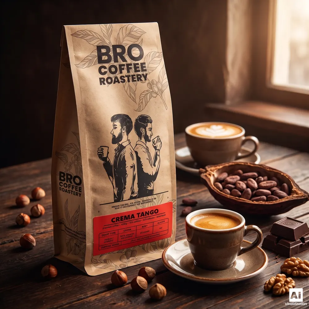 Kawa ziarnista Crema Tango Bro Coffee Roastery z espresso, cappuccino, owocem kakaowca, gorzką czekoladą i orzechami.