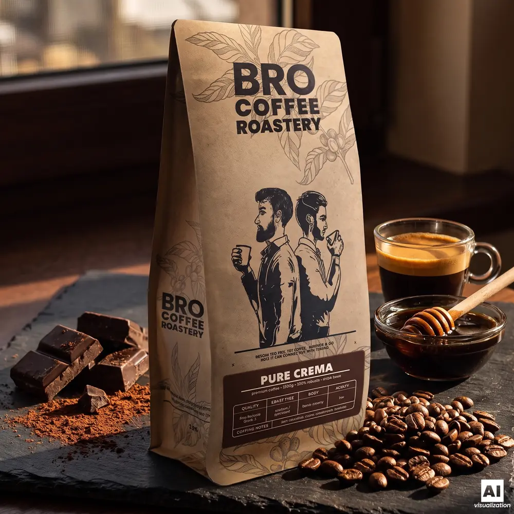 Kawa ziarnista Bro Coffee Roastery Pure Crema, czyli 100% robusta, obok espresso z cremą, melasy i gorzkiej czekolady.