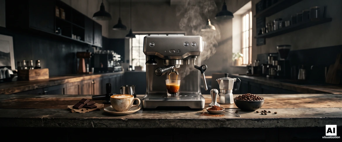 Ekspres kolbowy nalewający espresso z gęstą cremą, obok cappuccino, kawiarka, gorzka czekolada i miseczka ziaren kawy.