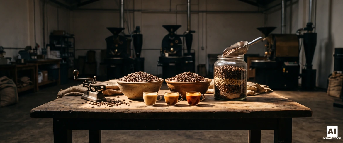 Mieszanka arabiki i robusty w palarni: dwie misy palonych ziaren, słój z ziarnami obu gatunków i trzy filiżanki espresso.