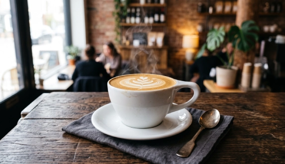 Cappuccino z latte art w białej filiżance na drewnianym stoliku w kawiarni.