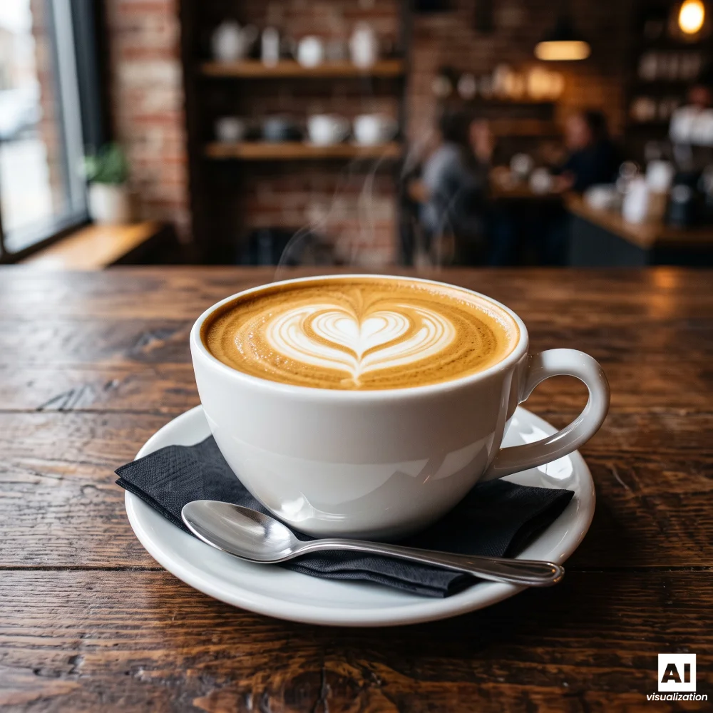 Cappuccino z latte art w białej filiżance, z kremową pianką i espresso.