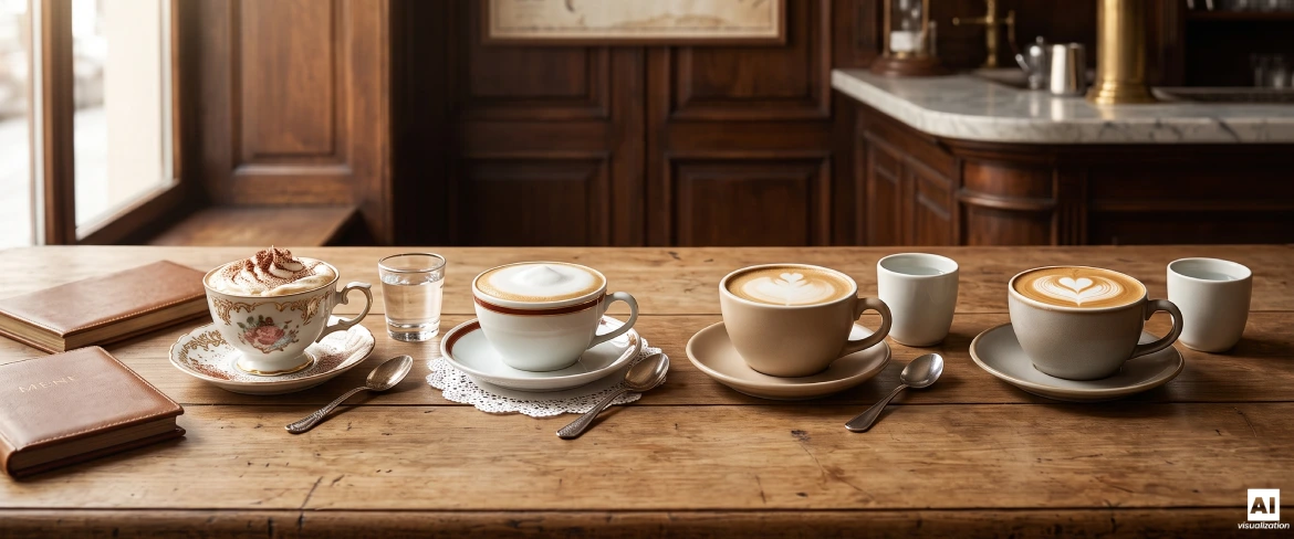 Cappuccino i inne napoje kawowe w eleganckich filiżankach na drewnianym stole.