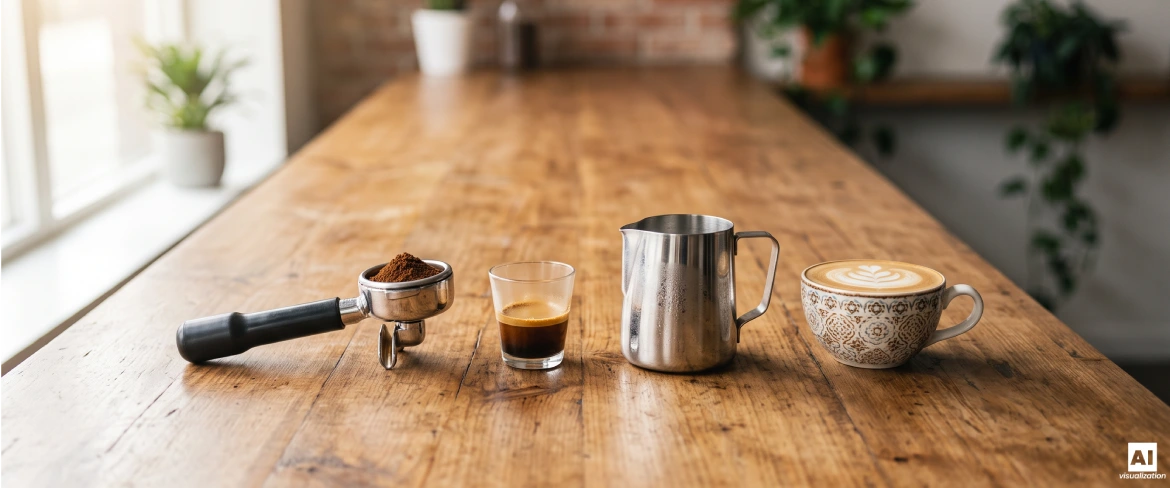 Espresso, kolba ekspresu, dzbanek i cappuccino – składniki domowego przepisu.