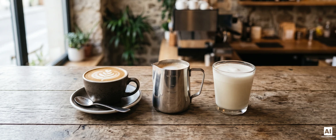 Cappuccino, espresso, dzbanek z mlekiem i filiżanka z pianką – proporcje napoju.