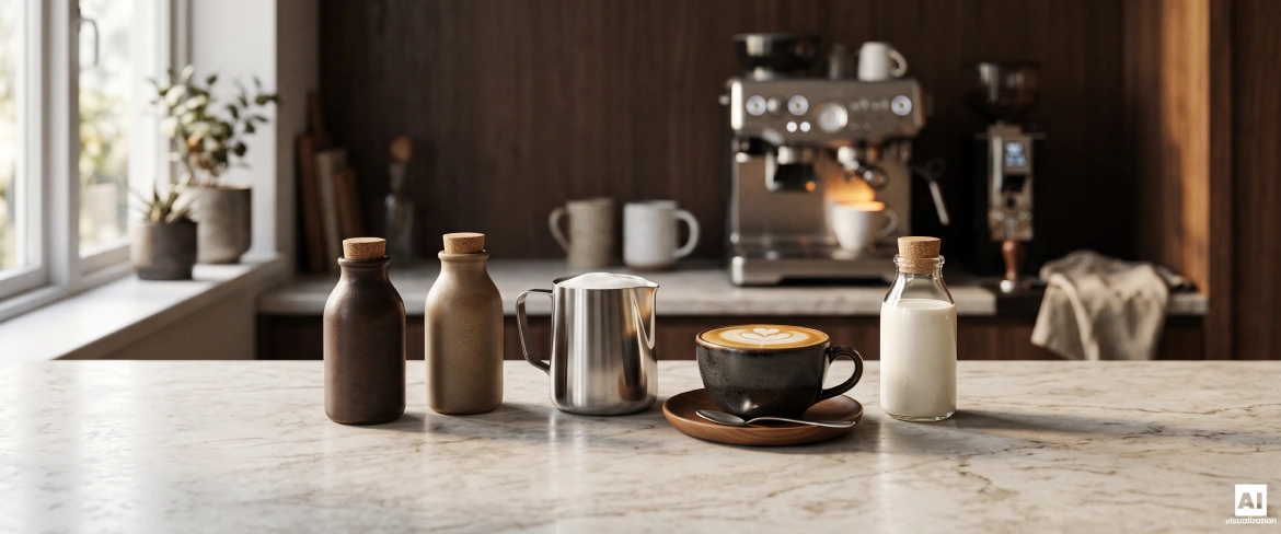 Mleko, napój roślinny, dzbanek i cappuccino na blacie domowej stacji kawowej.