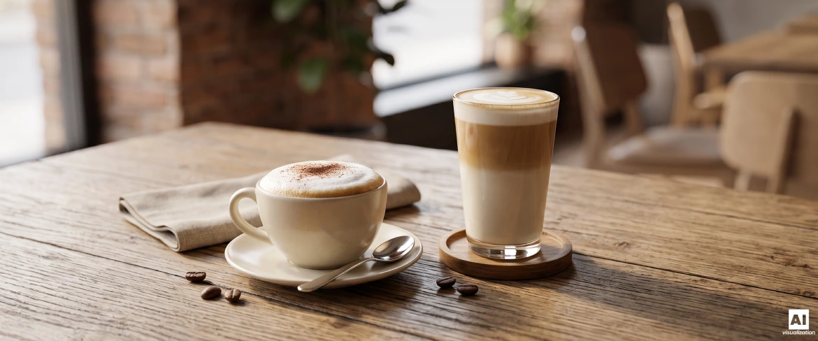 Cappuccino i latte w różnych naczyniach – porównanie kawowych napojów mlecznych.