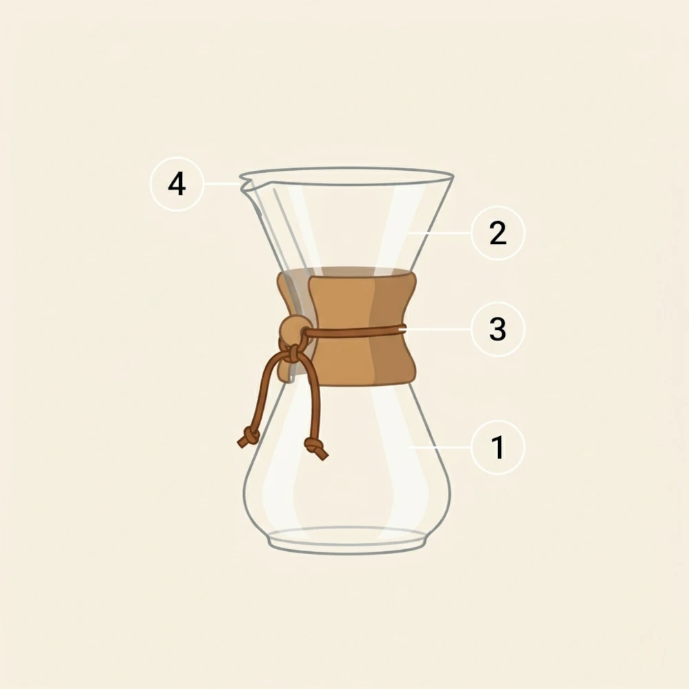 What is a chemex and what does it consist of? Device structure highlighting the decanter, collar, tie, and spout