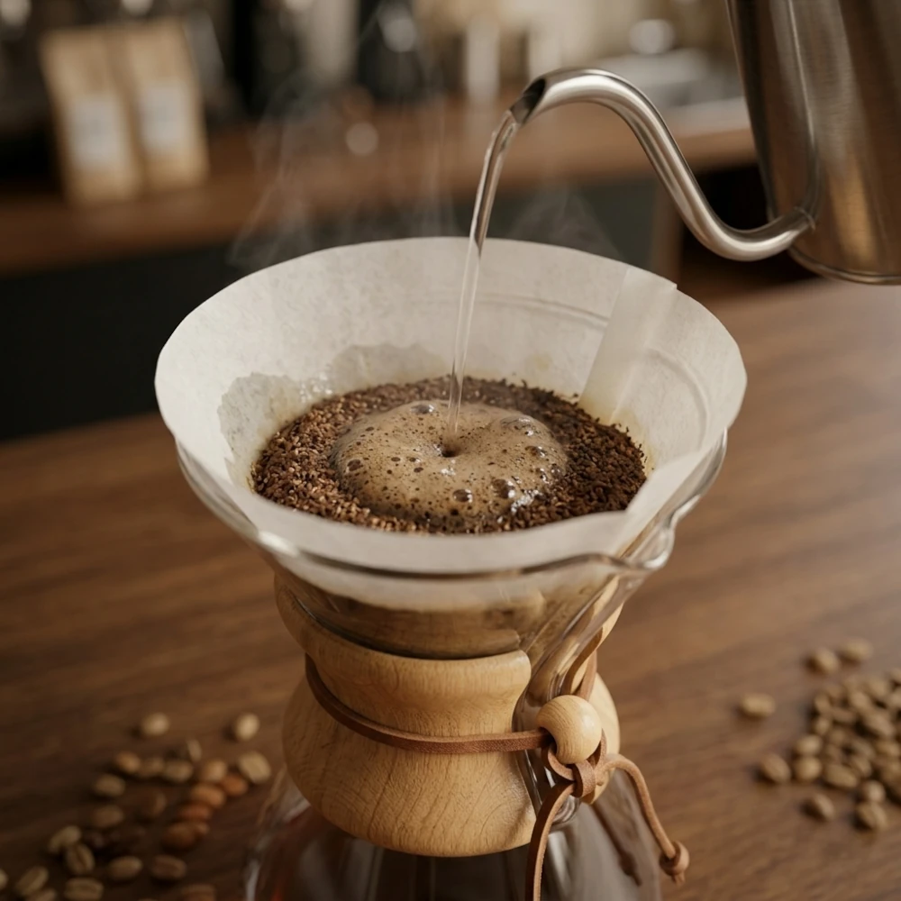 Paper chemex filters filled with swelling, ground coffee during the pre-infusion process