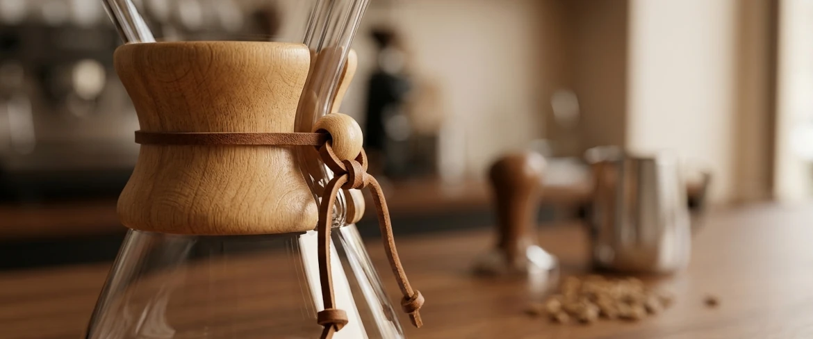 Close-up of the wooden collar and leather tie equipped on a chemex brewer