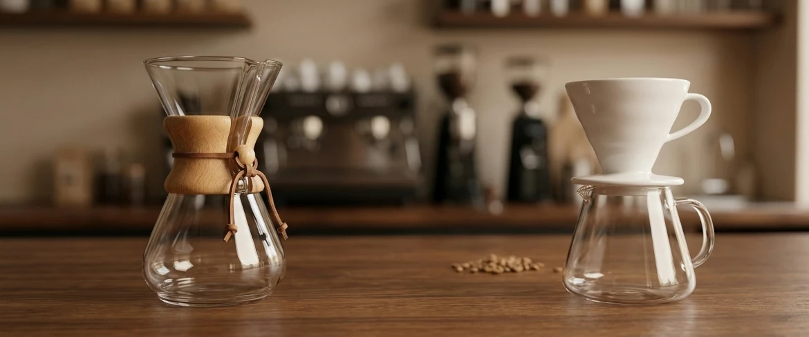 Comparison of brewing methods chemex vs drip – glass vessel with a wooden collar next to a white, ceramic dripper