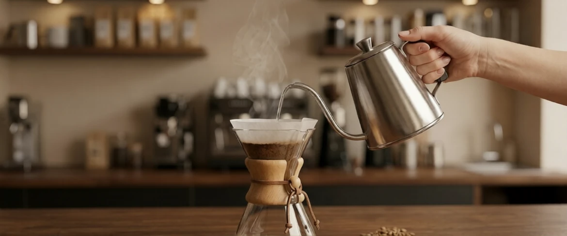 Chemex coffee brewing – a barista pouring hot water over ground beans using a steel kettle