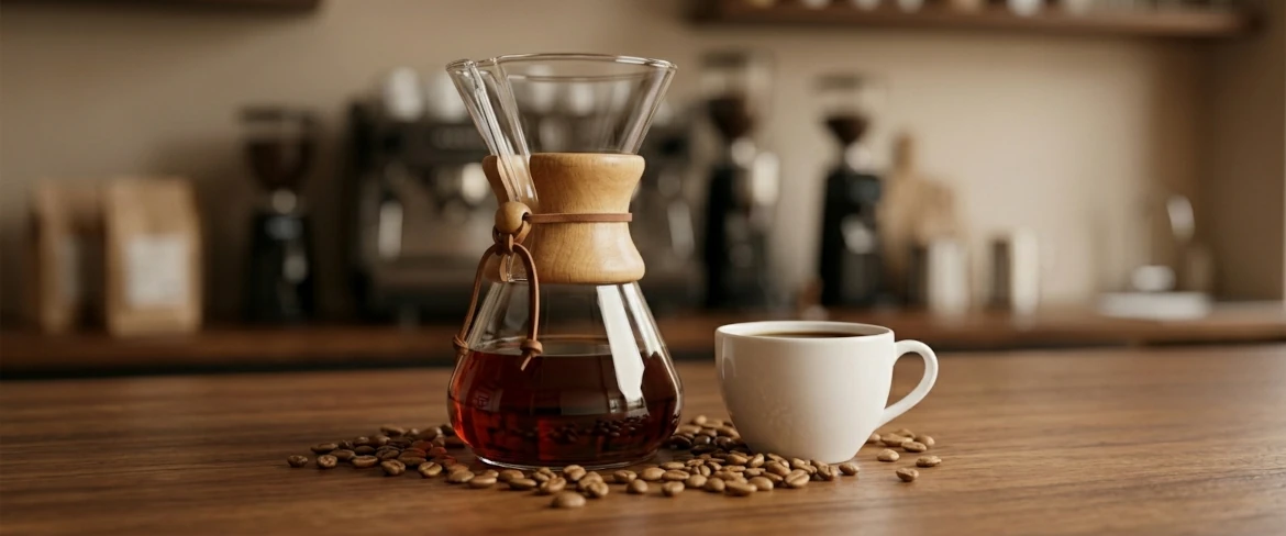 Chemex coffee – ready, dark brown brew in the vessel, a white cup, and the best coffee for a chemex in the form of beans on the counter