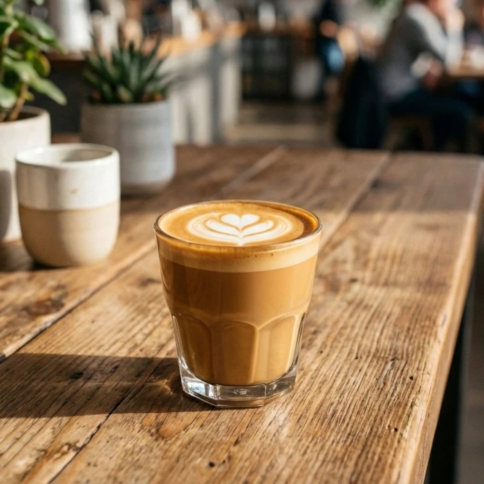 Cortado coffee in a glass – aromatic cortado made with a 1:1 ratio