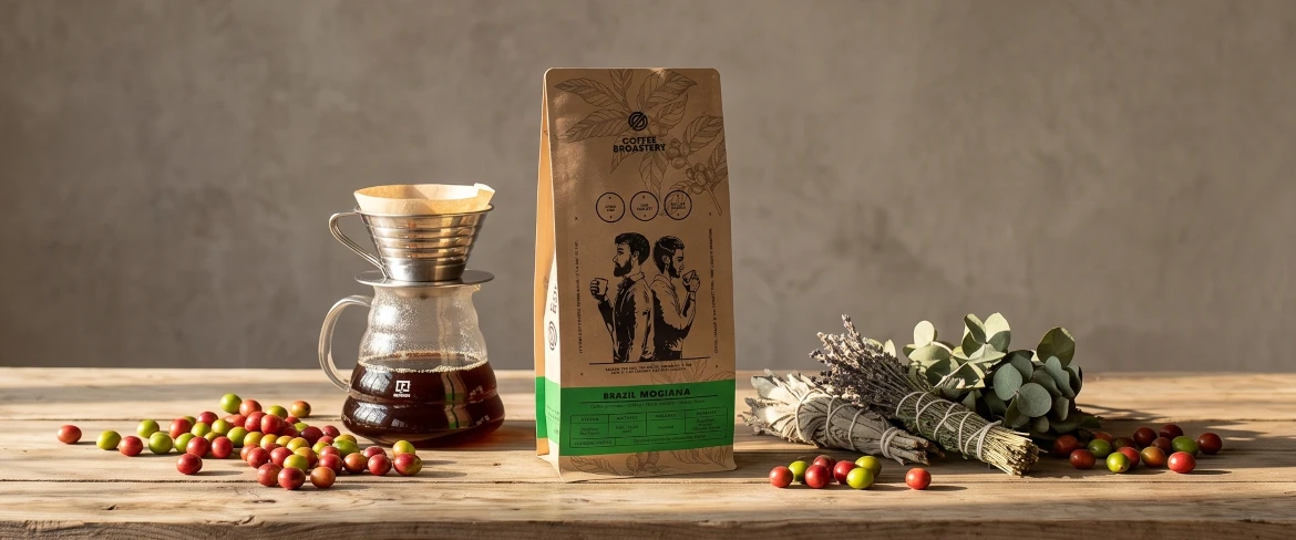 Szklany drip, paczka kawy Coffe Broastery Brazil Mogiana i zioła podkreślające zdrowotne właściwości parzonej kawy.
