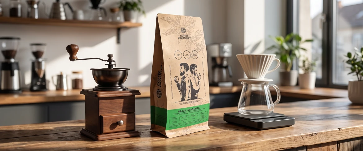 Ręczny młynek, waga, drip i kawa dobrej jakości Coffee Broastery Brazil Mogiana w jasnej i estetycznej kuchni domowej.