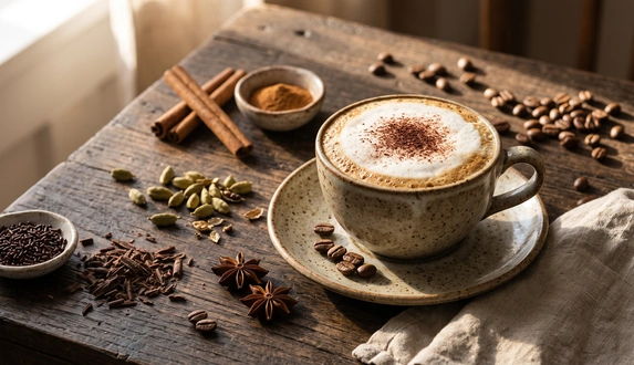 Cappuccino z kakao na piance wśród dodatków do kawy: lasek cynamonu, kardamonu, wiórków czekolady i ziaren kawy.
