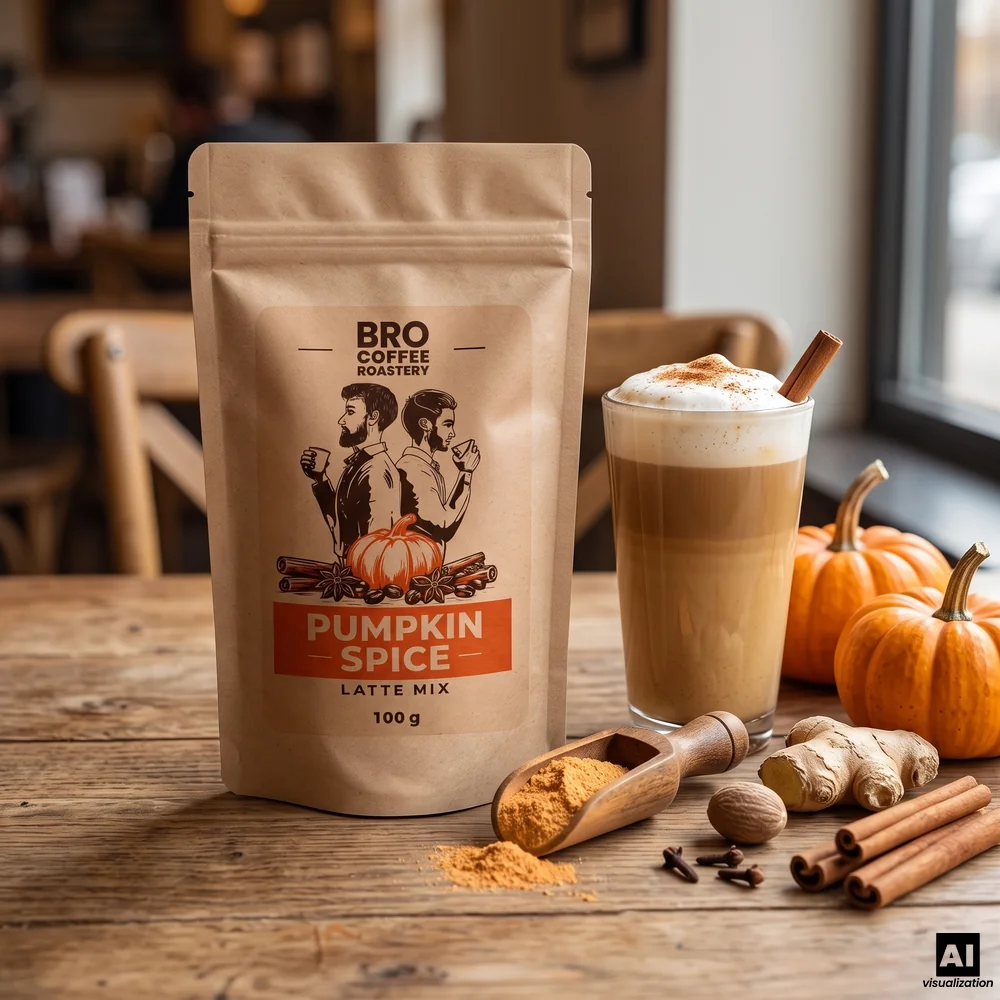 Bro Coffee Roastery Pumpkin Spice Latte Mix obok szklanki latte z cynamonem, małych dyń, imbiru i lasek cynamonu.
