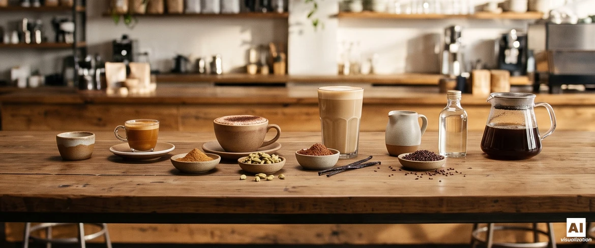 Espresso, cappuccino, latte i kawa z przelewu na drewnianym blacie obok miseczek z cynamonem, kardamonem i kakao.