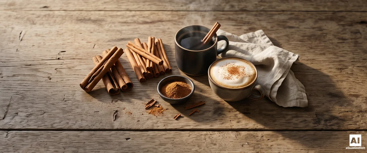 Laski cynamonu cassia i cejlońskiego, miseczka mielonego cynamonu, kawa z laską cynamonu i cappuccino z cynamonem.