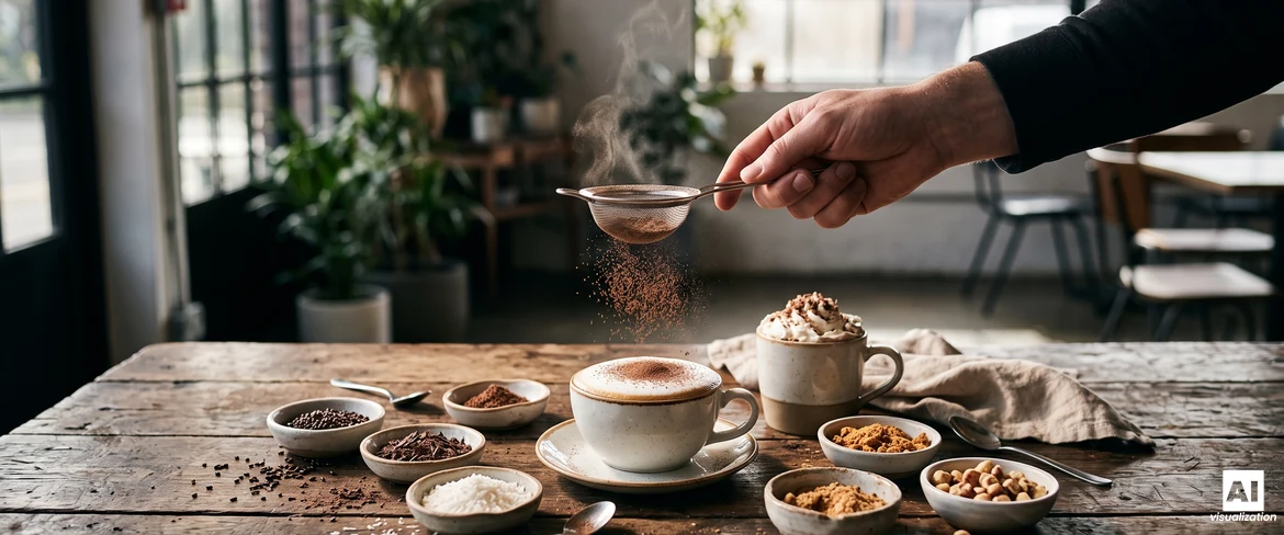 Posypywanie cappuccino kakao przez sitko, obok miseczki z posypkami, orzechami i kawa z bitą śmietaną.