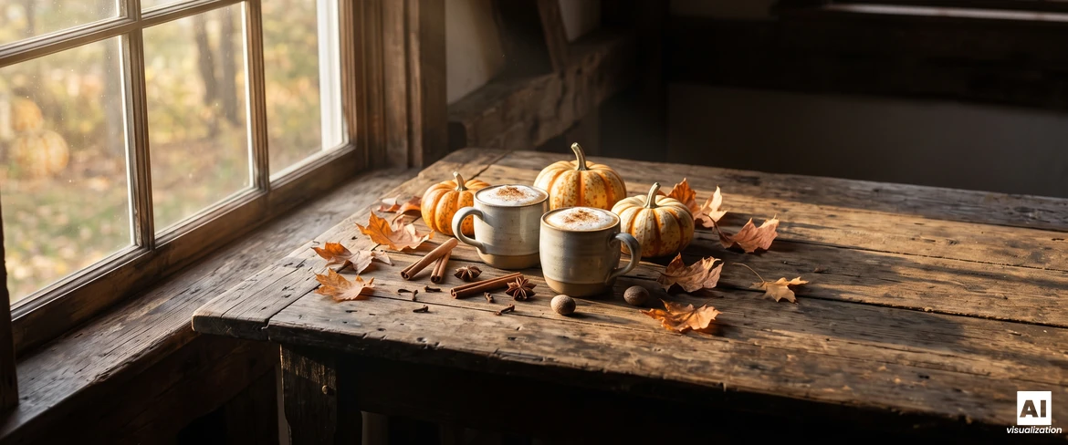 Dwa kubki pumpkin spice latte z cynamonem na drewnianym stole przy oknie wśród małych dyń, przypraw i jesiennych liści.