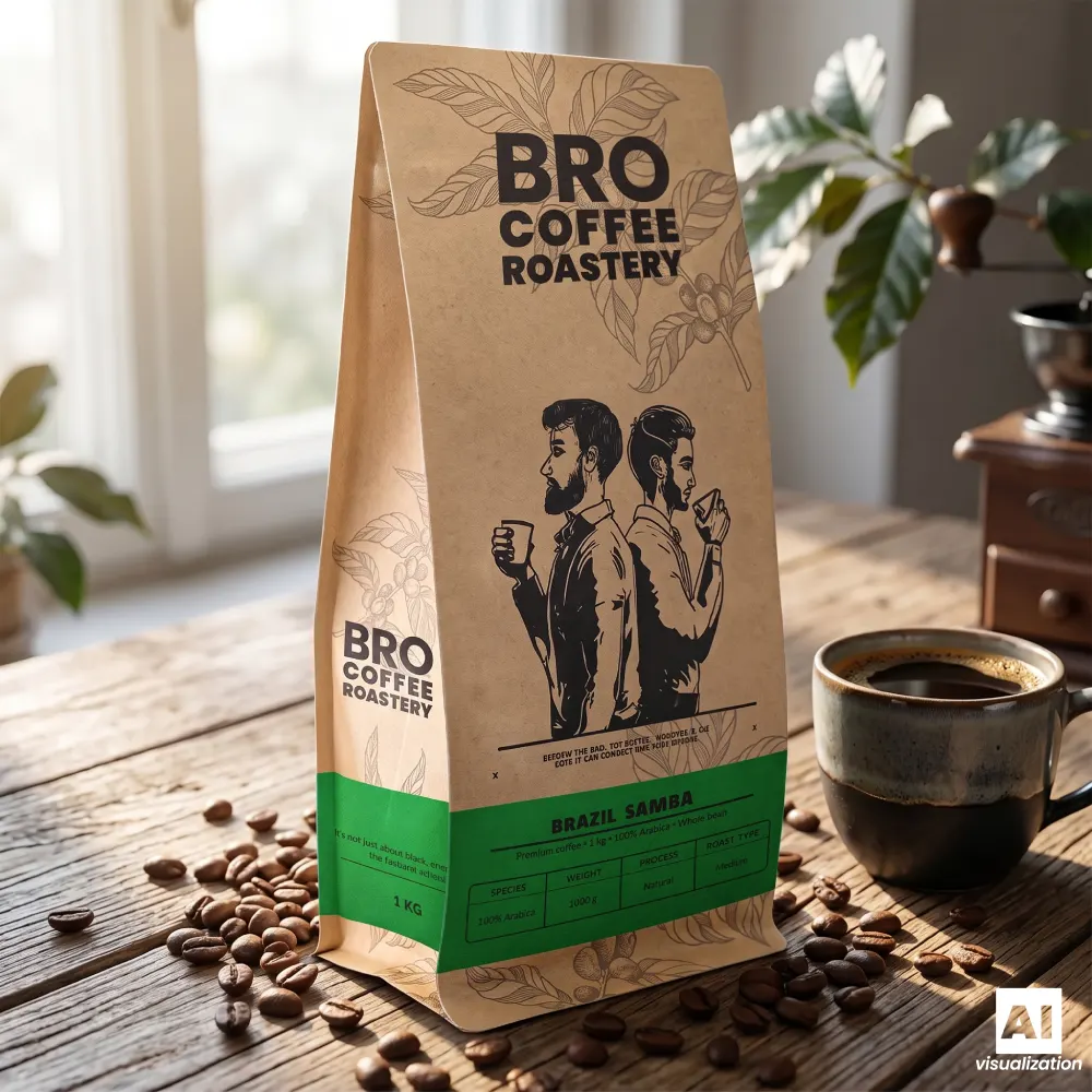 Bro Coffee Roastery Brazil Samba – kawa ziarnista w kraftowym opakowaniu obok filiżanki.