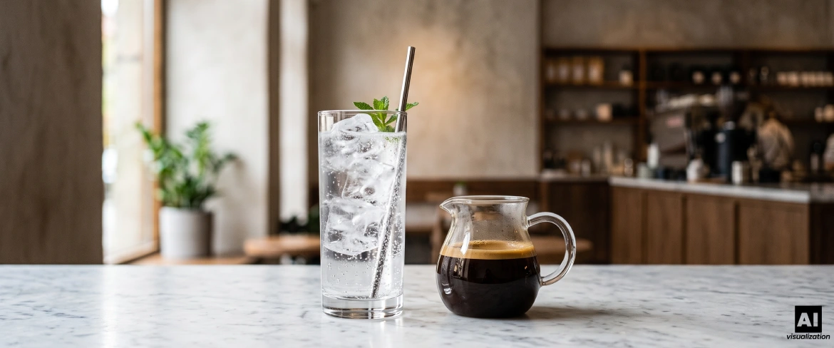 Kawa z tonikiem, lód, świeża mięta i dzbanek espresso na marmurowym blacie.
