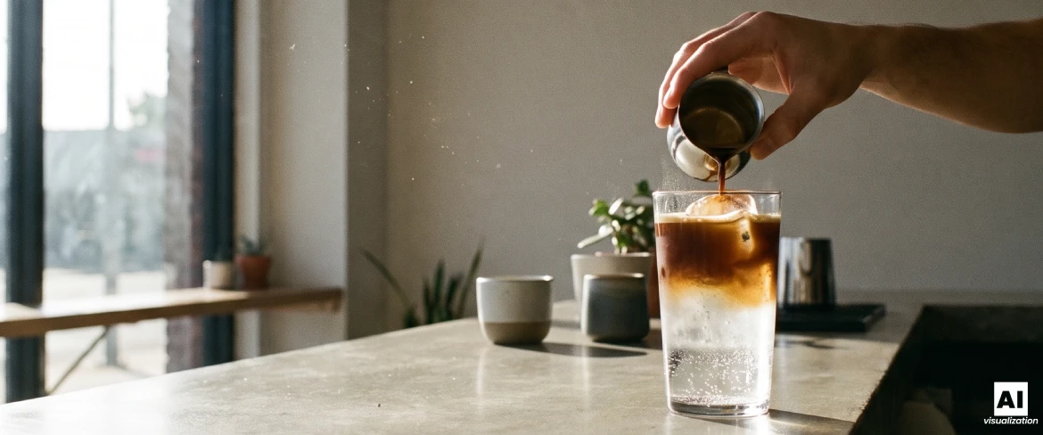 Espresso tonic przygotowywany przez powolne nalewanie kawy na tonik z lodem.