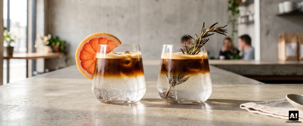 Dwie wersje espresso tonic z grejpfrutem i rozmarynem, podane w szklankach z lodem.