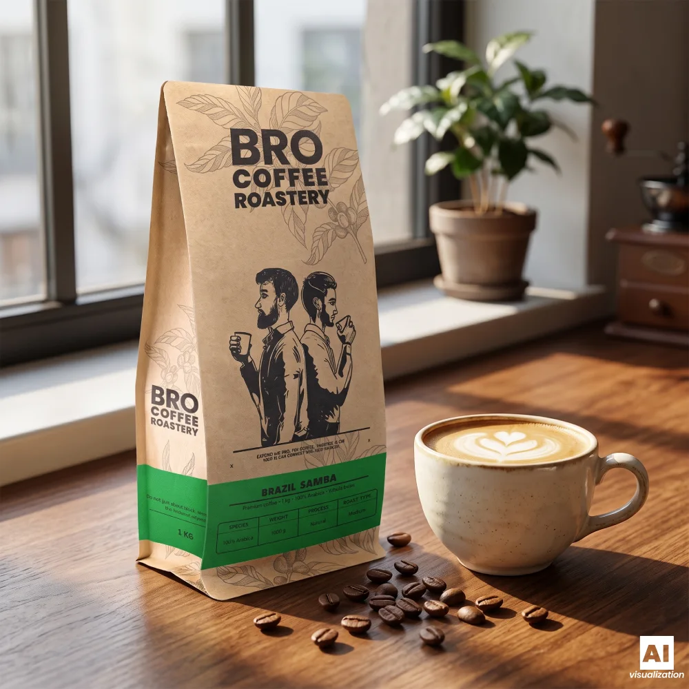 Kawa flat white i opakowanie ziarnistej Brazil Samba Premium Bro Coffee Roastery.