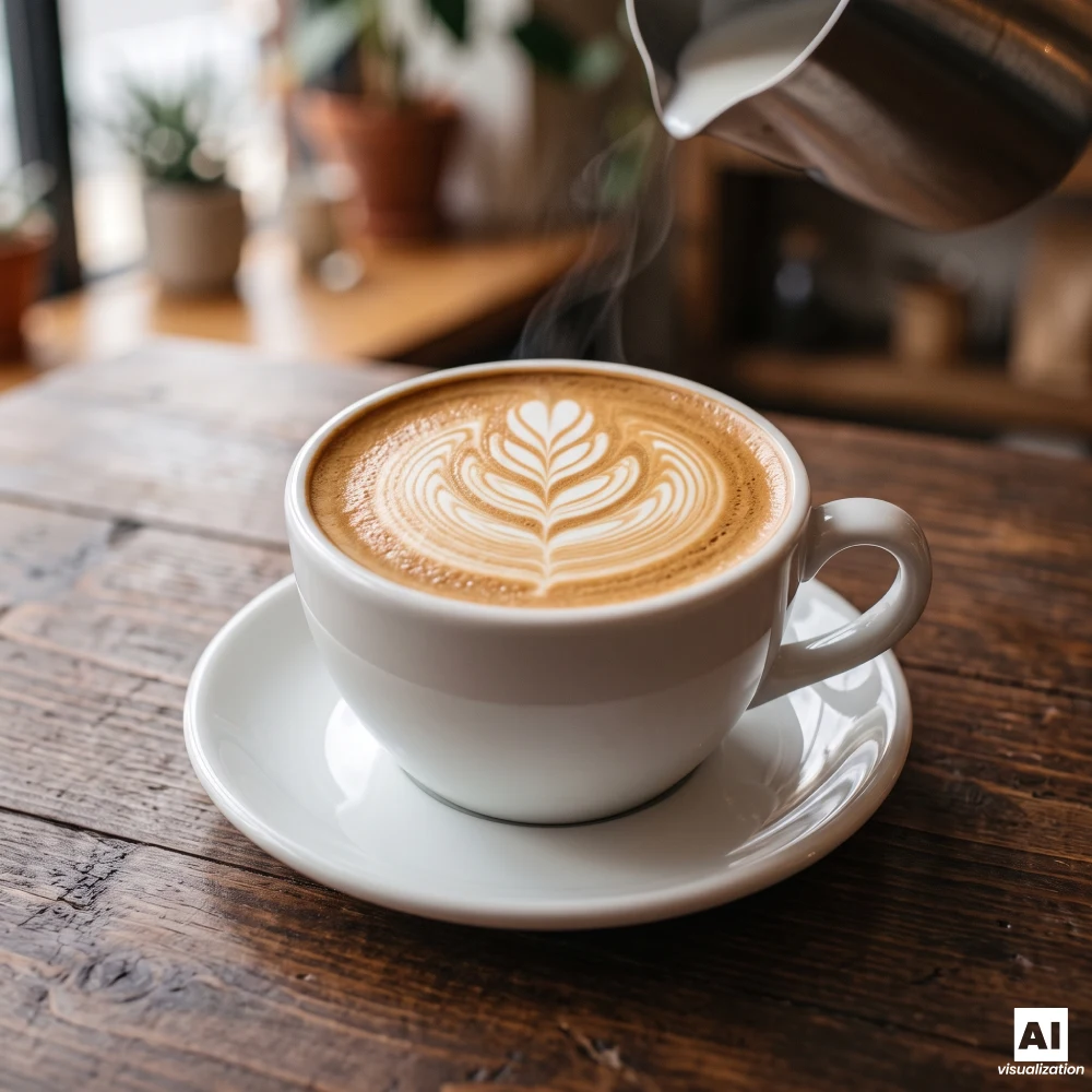 Kawa flat white z aksamitną mikropianką i latte art w białej filiżance.