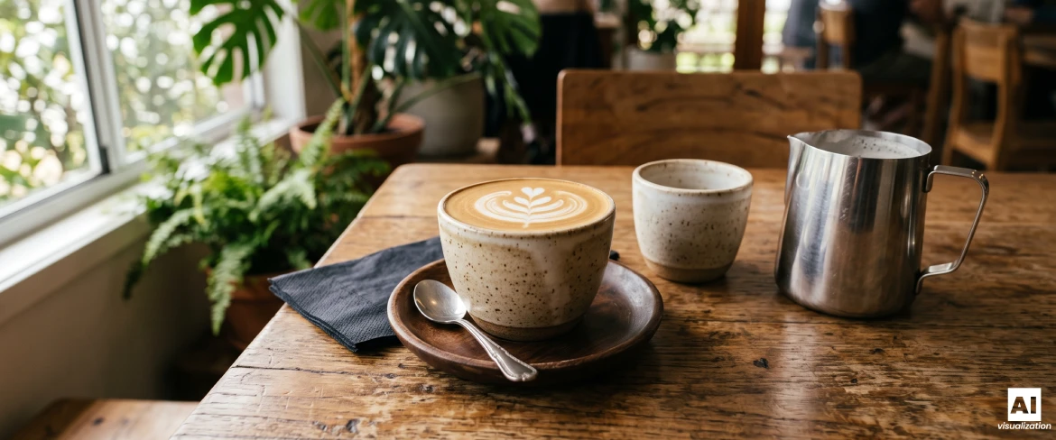 Flat white z mikropianką w eleganckiej filiżance na tle kawiarni speciality.