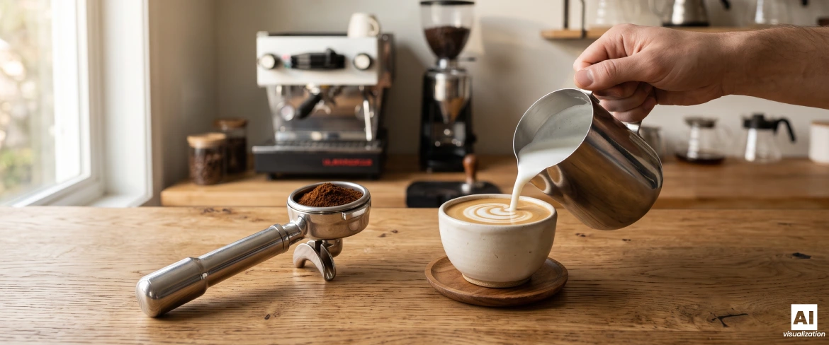 Przygotowanie kawy flat white z espresso, mlekiem i stalowym dzbankiem.