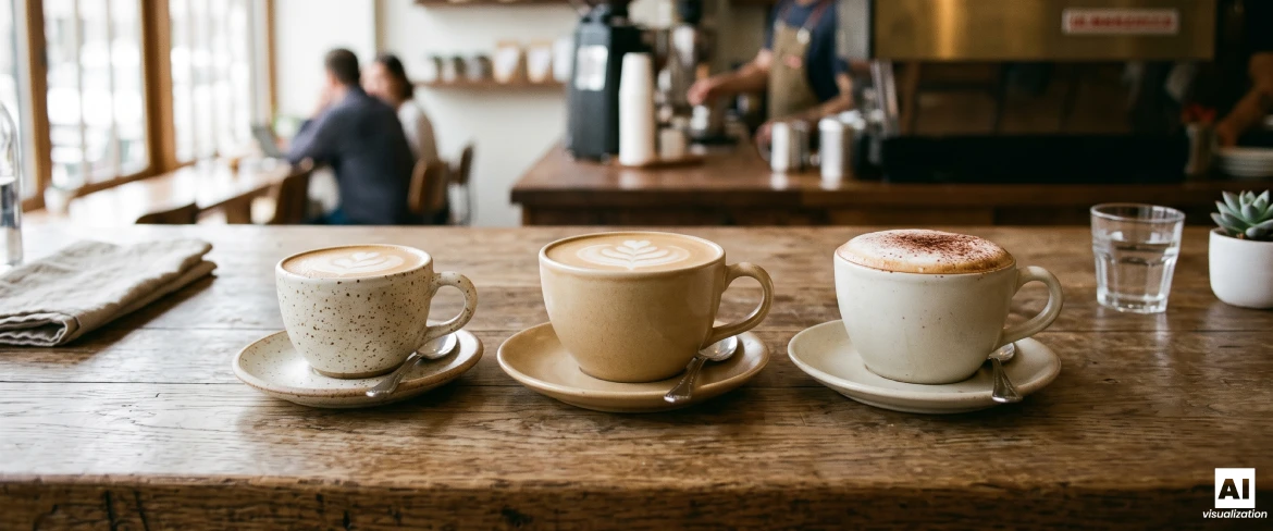 Flat white, latte i cappuccino w ceramicznych filiżankach na kawiarnianym stole.