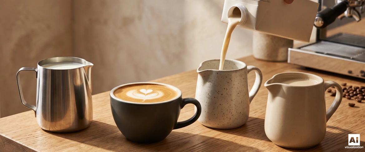 Flat white z dzbankami mleka krowiego i napojów roślinnych w kawiarni.