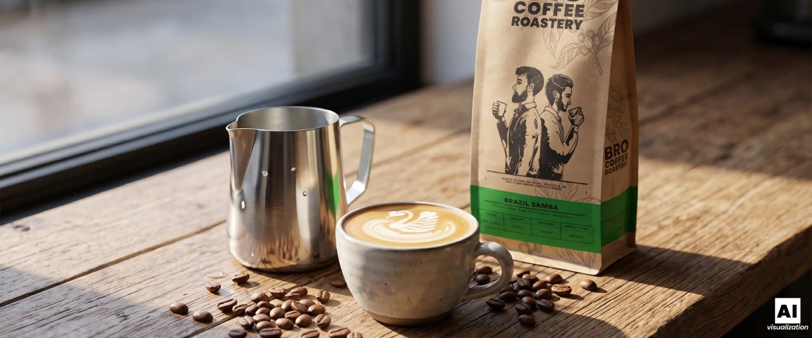 Flat white z ziarnami kawy i opakowaniem Brazil Samba na drewnianym stole.