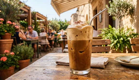 Apetyczna kawa mrożona frappe na słonecznym tarasie – idealna kawa frappe na lato