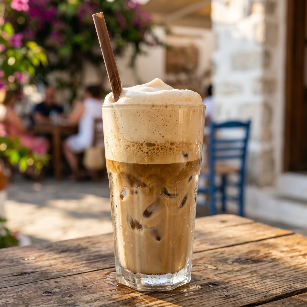Wysoka szklanka z napojem o gęstej piance i grubą słomką, prezentująca klasyczny frappe przepis