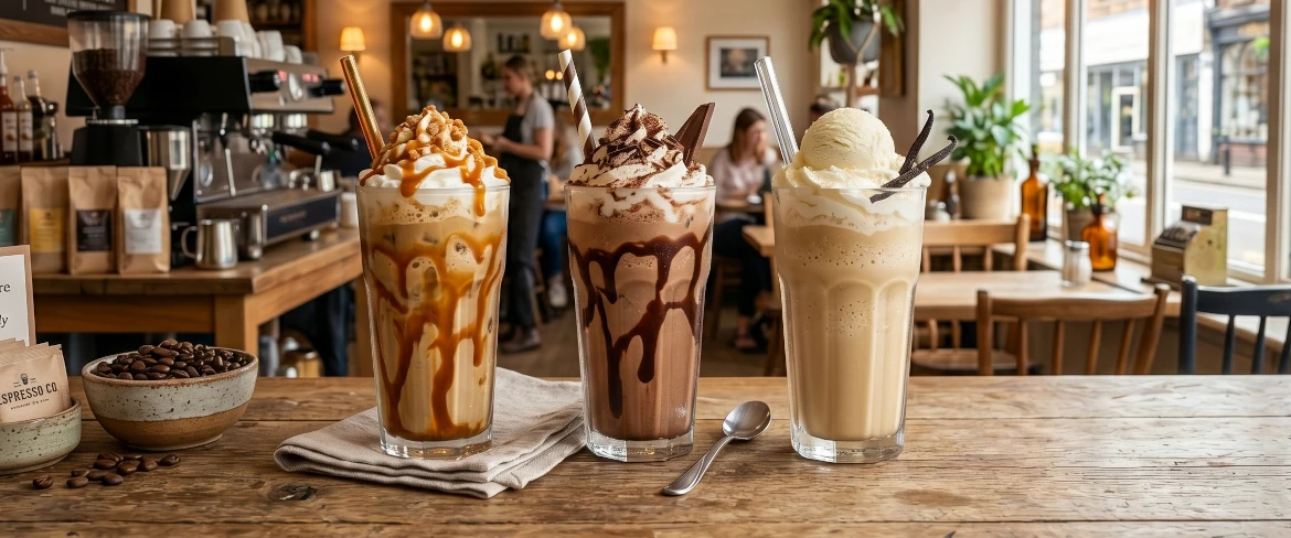 Trzy słodkie warianty smakowe kawy frappe w kawiarni