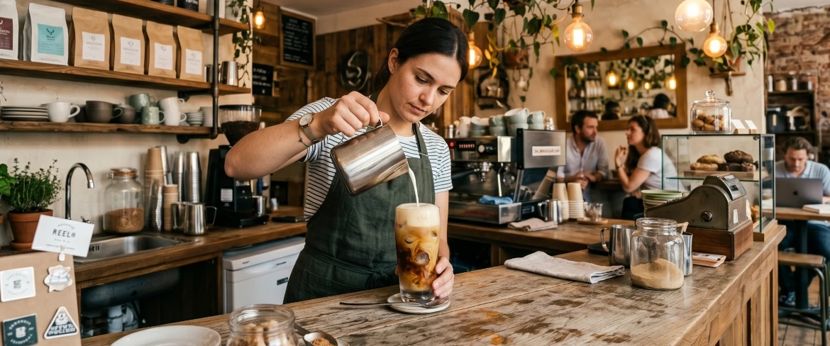 Barista przygotowujący kawiarnianą alternatywę dla napoju, którym jest tradycyjna grecka kawa frappe