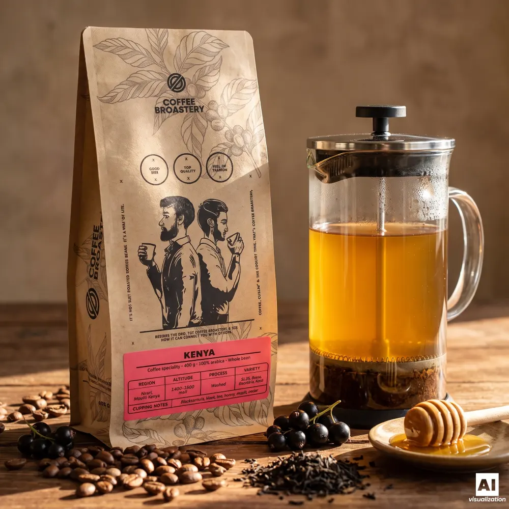 Kawa ziarnista Kenya Nyeri i french press z jasnym naparem oraz miodem.