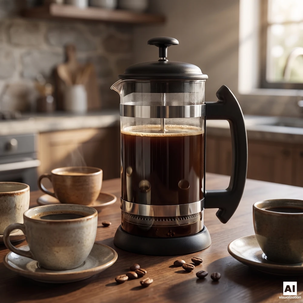 Duży szklany zaparzacz do kawy French Press 1000 ml z filiżankami.