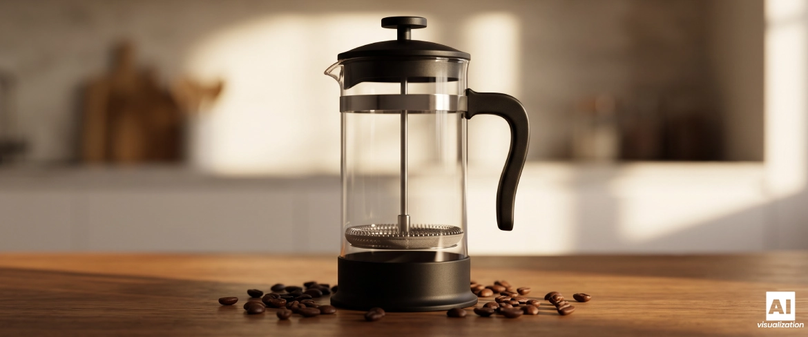 Szklany zaparzacz french press z tłokiem na drewnianym stole i ziarnami kawy.