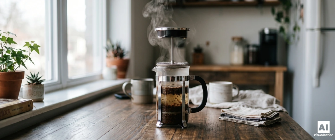 French press podczas ekstrakcji kawy, z widocznym tłokiem i warstwami naparu.