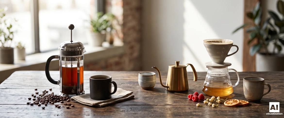 French press, dripper i czajnik obok kawowych filiżanek oraz ziaren.