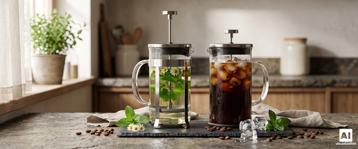 French press z naparem ziołowym i cold brew na lodzie w domowej kuchni.