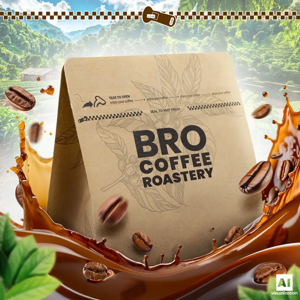 Opakowanie kawy Bro Coffee Roastery z zamknięciem strunowym chroniącym świeżość ziaren.