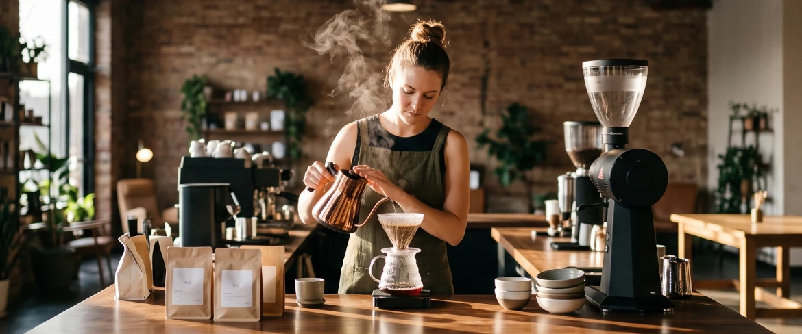 Baristka przelewająca kawę w dripperze w kawiarni speciality.